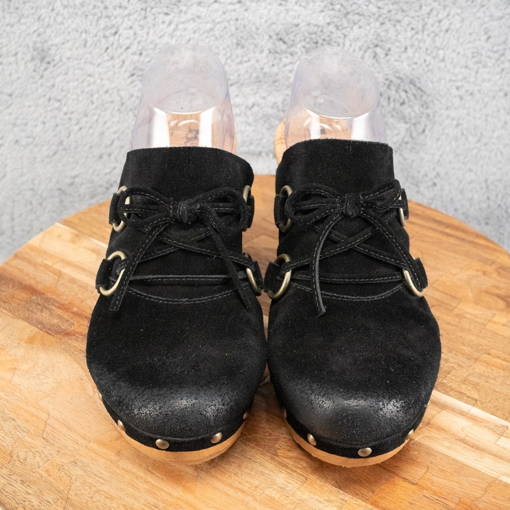 Korks Woodley Black Suede Boho Wooden Platform Clogs Mules Size 10 - Picture 2 of 6